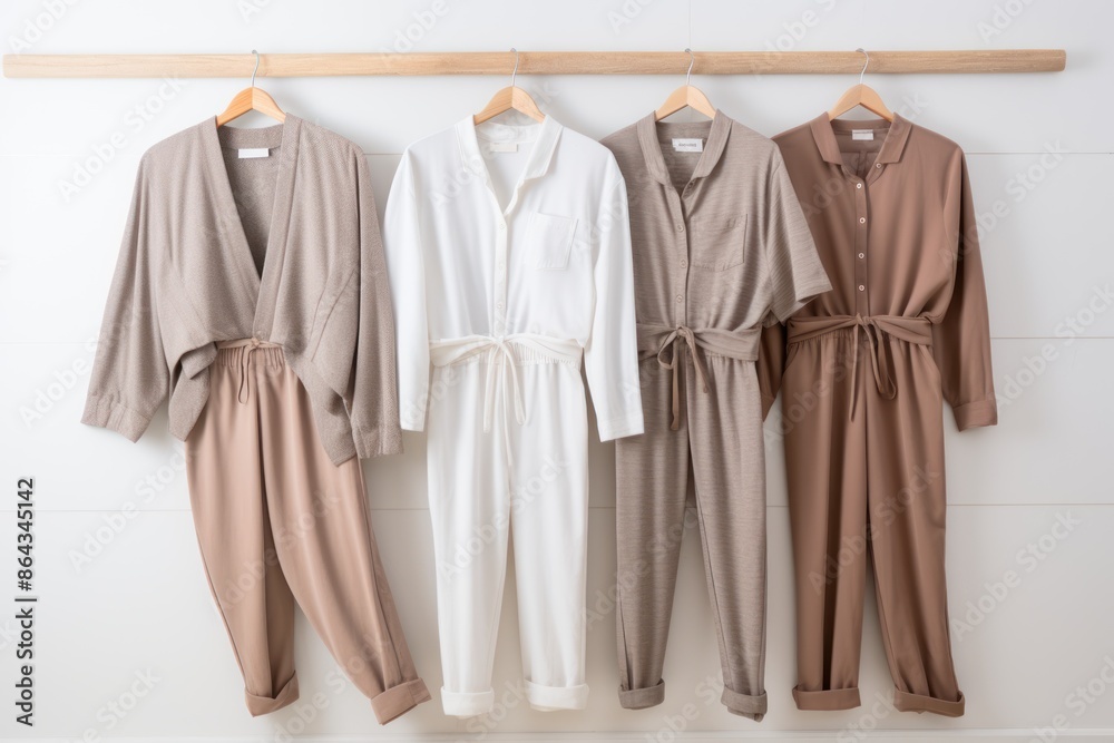 Soft and comfortable spa pajamas arranged in order On a white background, show off the texture, color and design. Focus on details of shirts, pants, shoes, and shawls. Soft and comfortable spa pajamas arranged in order On a white background, show off the texture, color and design. Focus on details of shirts, pants, shoes, and shawls.