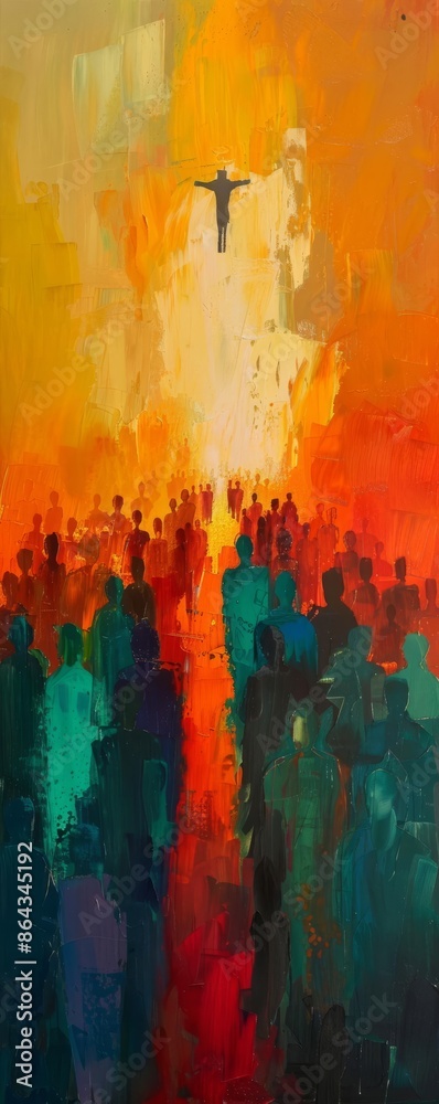 Fototapeta premium Vibrant abstract painting of a crowd beneath a levitating figure, highlighted by a blend of bright, warm colors and striking contrast.