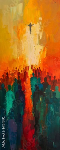 Vibrant abstract painting of a crowd beneath a levitating figure, highlighted by a blend of bright, warm colors and striking contrast.