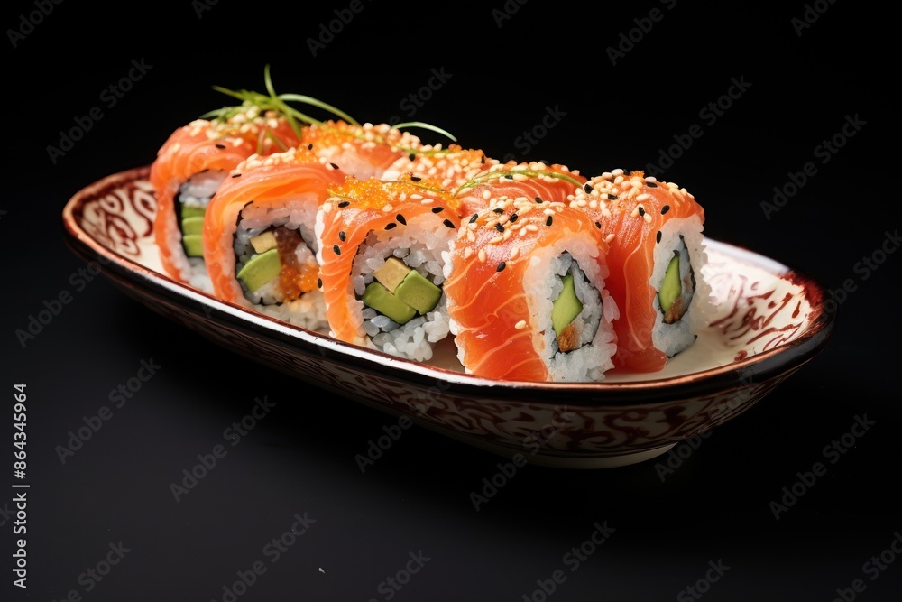Sushi in an antique ceramic plate on a white background Showing a retro atmosphere. Sushi in an antique ceramic plate on a white background Showing a retro atmosphere.
