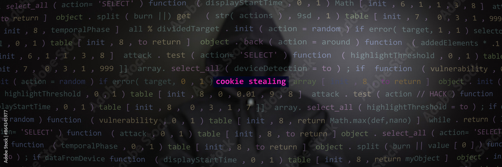 Cyber attack cookie stealing text in foreground screen, Anonymous hacker hidden with hoodie in the blurred background. Vulnerability text in binary, code on editor screen. Text in English