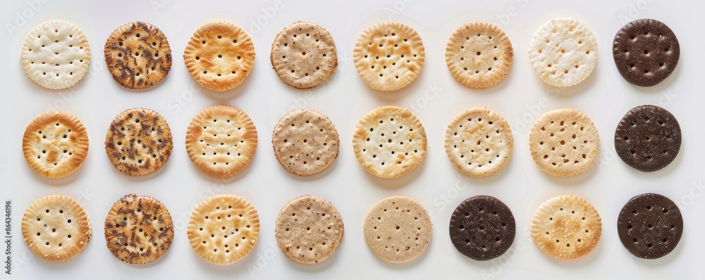 Assorted round crackers neatly arranged on a white background, food variety concept Assorted round crackers neatly arranged on a white background, food variety concept