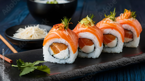 Indulge in a tantalizing set of salmon mentai sushi rolls, a feast that combines creamy men Taiko sauce with fresh, succulent salmon, creating a symphony of flavors in every bite. photo