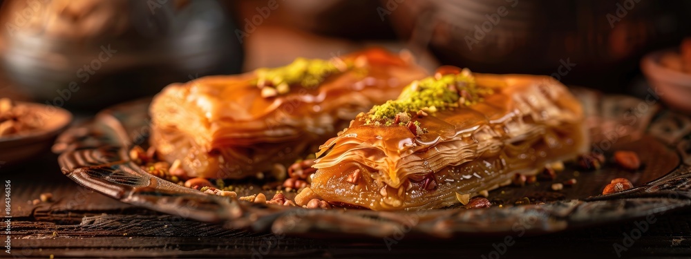 baklava with honey on the table. Selective focus baklava with honey on the table. Selective focus