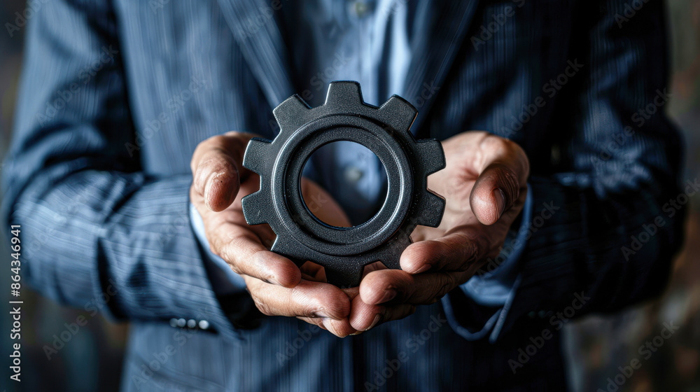 Manager holding a gear icon indicating efficiency and operational excellence Manager holding a gear icon indicating efficiency and operational excellence
