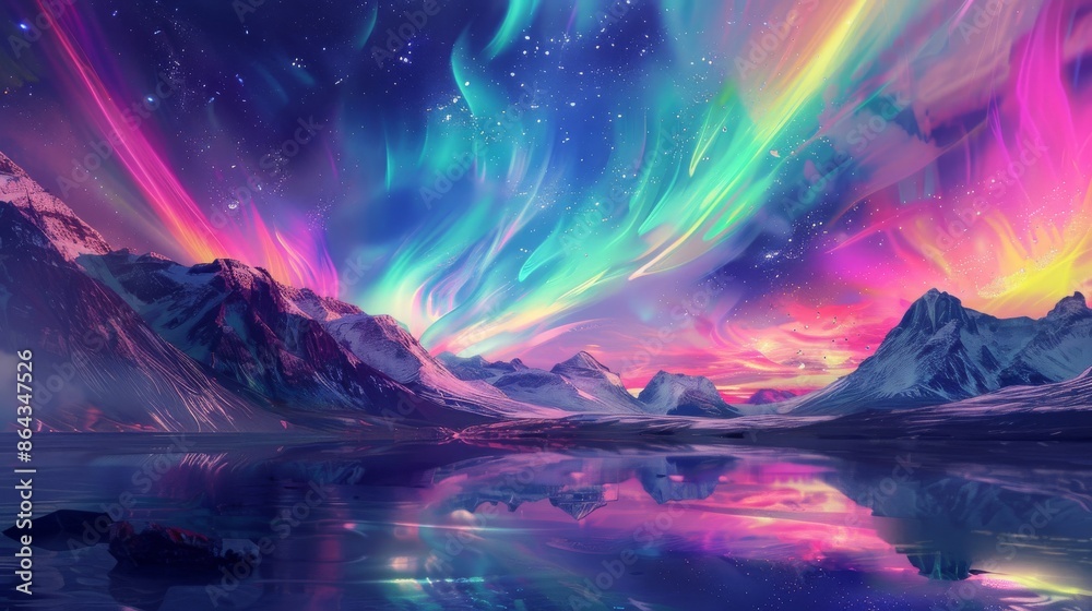 Obraz premium Illustration of A celestial realm where auroras dance in vibrant ribbons across the sky, their colors reflecting in lakes of shimmering rainbow gelatin
