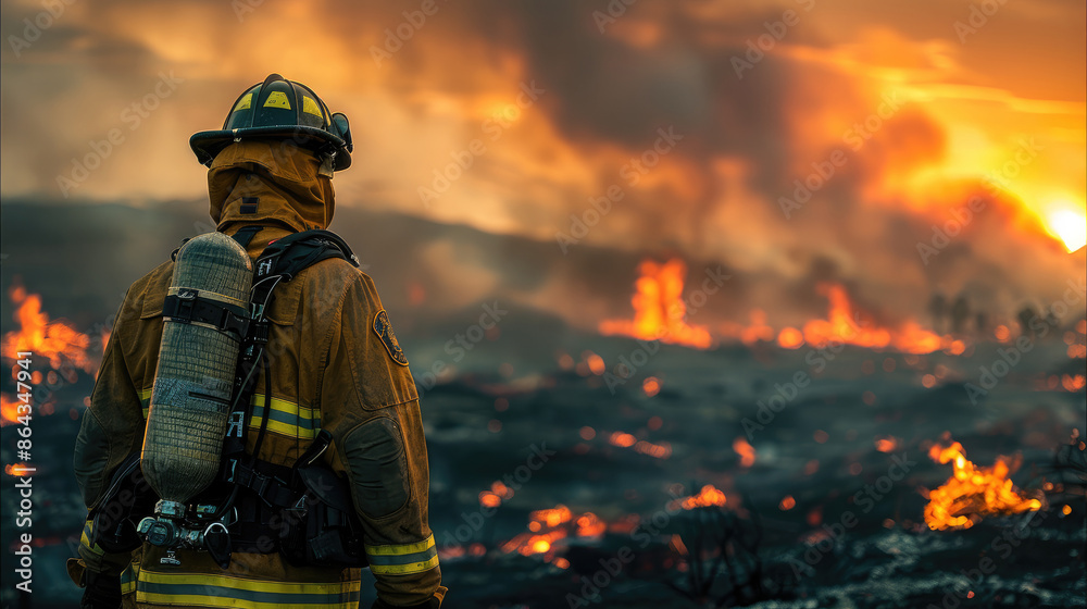 A firefighter in protective gear, amidst smoldering debris, looking towards the horizon where the sky is clearing after a wildfire has been contained. Generative AI. A firefighter in protective gear, amidst smoldering debris, looking towards the horizon where the sky is clearing after a wildfire has been contained. Generative AI.