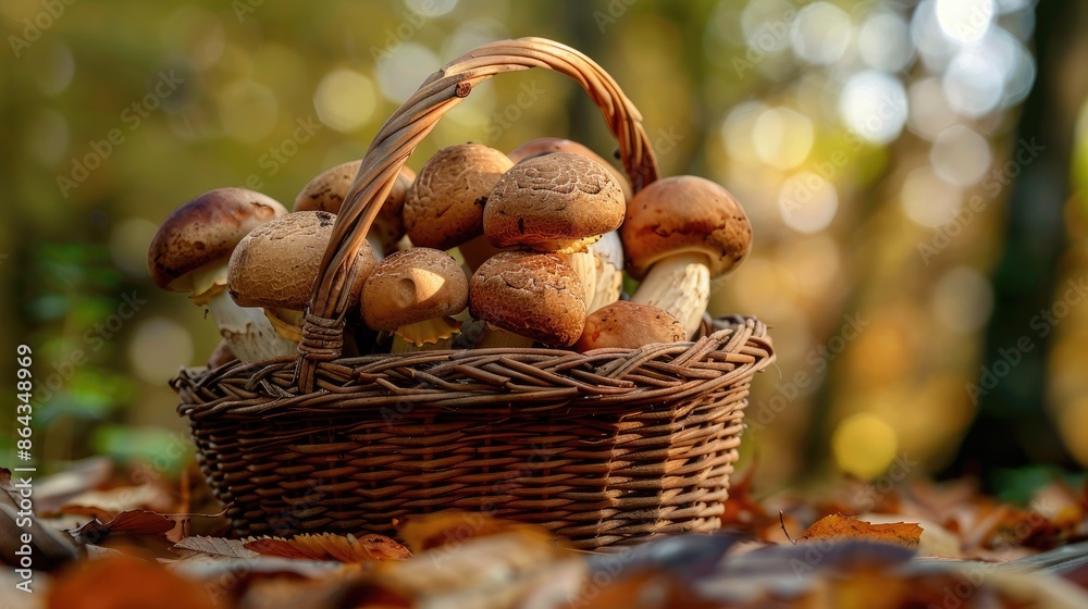Mushrooms in the wicker basket on the background of nature. Selective focus Mushrooms in the wicker basket on the background of nature. Selective focus