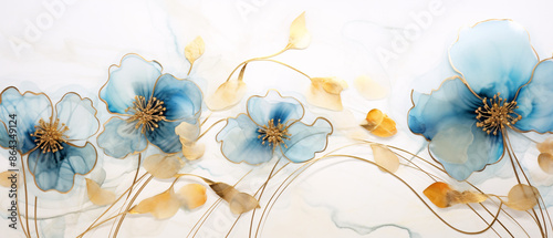 Fototapeta Naklejka Na Ścianę i Meble -  Handmade watercolor alcohol inks flowers with blue hues, artistic and vibrant floral illustration.