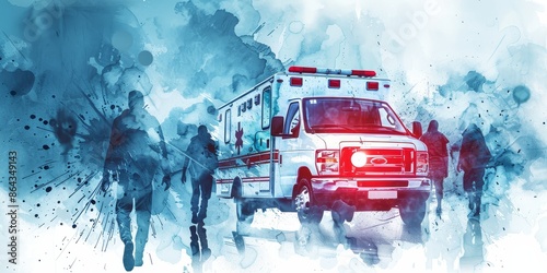 Paramedics and an ambulance in an emergency situation, showcasing healthcare professionals in action and urgency in an urban setting, Generative AI