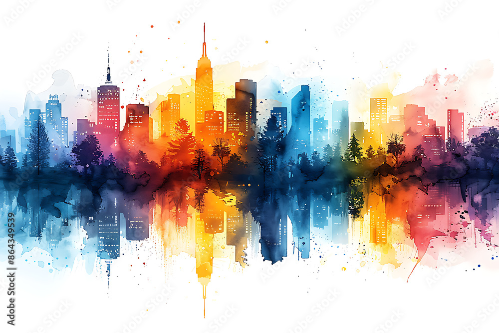 Obraz premium Autumn cityscape painting. Urban city, skyscraper buildings. Park landscape, yellow fall.