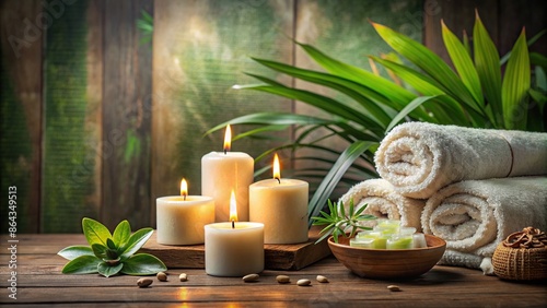 Tranquil spa still life with candles, towels, and botanicals, spa, still life, candles, towels, botanicals, relaxation