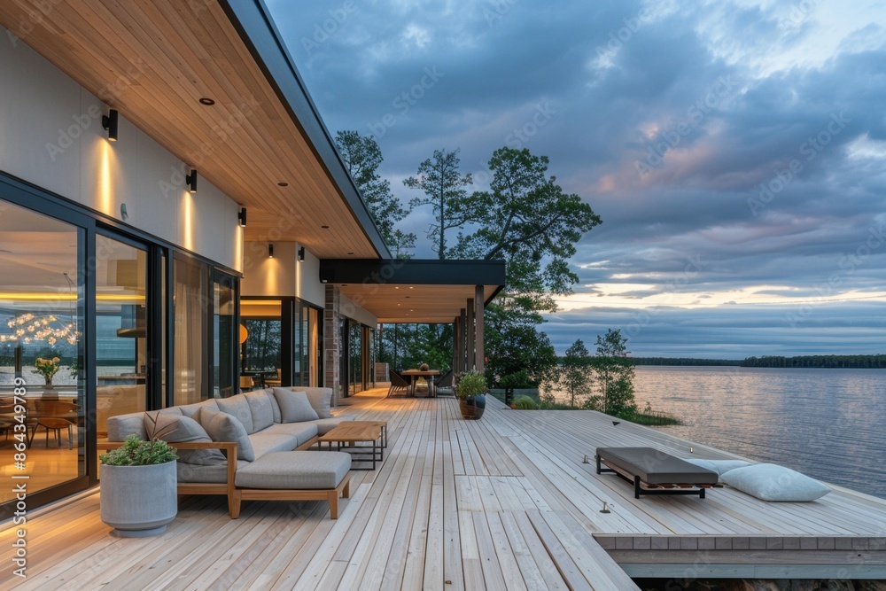 modern farmhouse style home on lake, wooden deck with large windows and ...