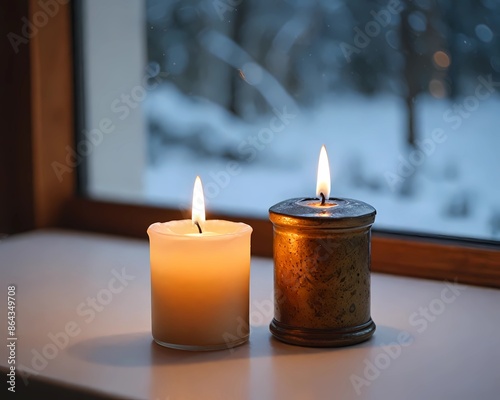 Two lit candles placed on a window sill, casting a warm glow in the dimly lit room Generative ai © Bilal