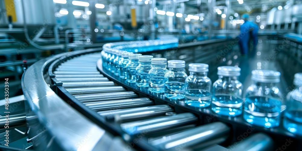 Fototapeta premium Conveyor Belt in Pharmaceutical Production Line Moves Glass Bottles and Ampoules. Concept Pharmaceutical Industry, Production Line Equipment, Glass Bottles, Ampoules, Conveyor Belt