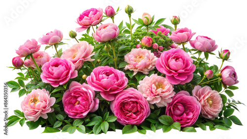 Fototapeta Naklejka Na Ścianę i Meble -  Beautiful pink roses and peonies on bushes with green leaves
