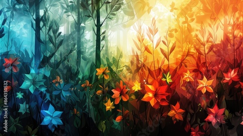 Vibrant abstract forest landscape with contrasting colors, creating a surreal and dreamy atmosphere.