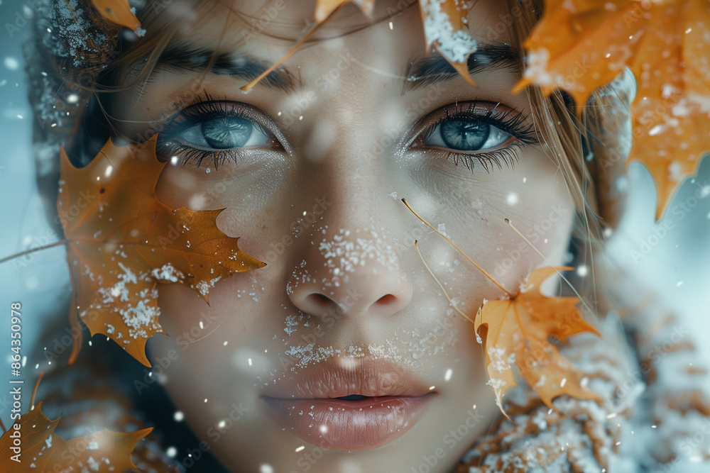 Portrait Of A Beautiful Woman With Snowflakes And Fallen Leaves In The Snowy Air: A Mesmerizing Blend Of Winter And Autumn Elements Portrait Of A Beautiful Woman With Snowflakes And Fallen Leaves In The Snowy Air: A Mesmerizing Blend Of Winter And Autumn Elements