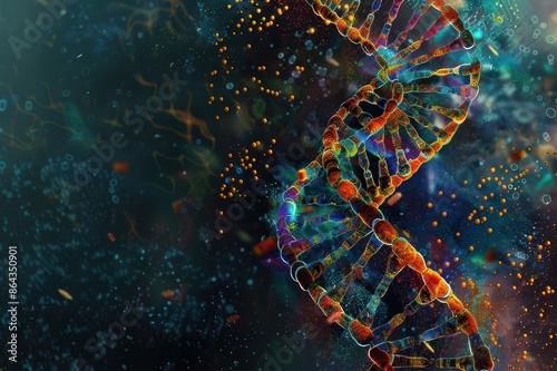 Colorful DNA double helix strand on a dark background with glowing particles. Concepts of science, genetics, biology, and genome research.