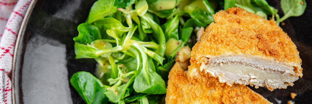 chicken meat cutlet cordon bleu snack ham, cheese fresh meal food on the table copy space food background rustic top view chicken meat cutlet cordon bleu snack ham, cheese fresh meal food on the table copy space food background rustic top view