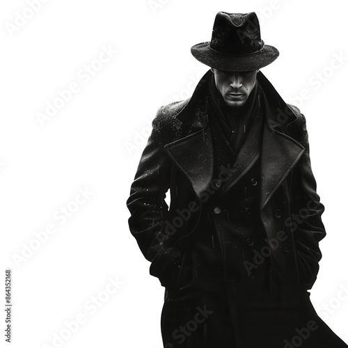 Mysterious man in dark trench coat and fedora hat, evoking noir detective vibes in monochrome style. photo