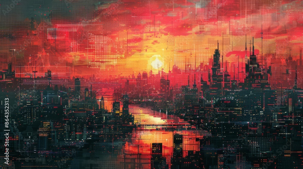 Fototapeta premium A vibrant cityscape at sunset with futuristic architecture and a glowing horizon, reflecting across a serene river.