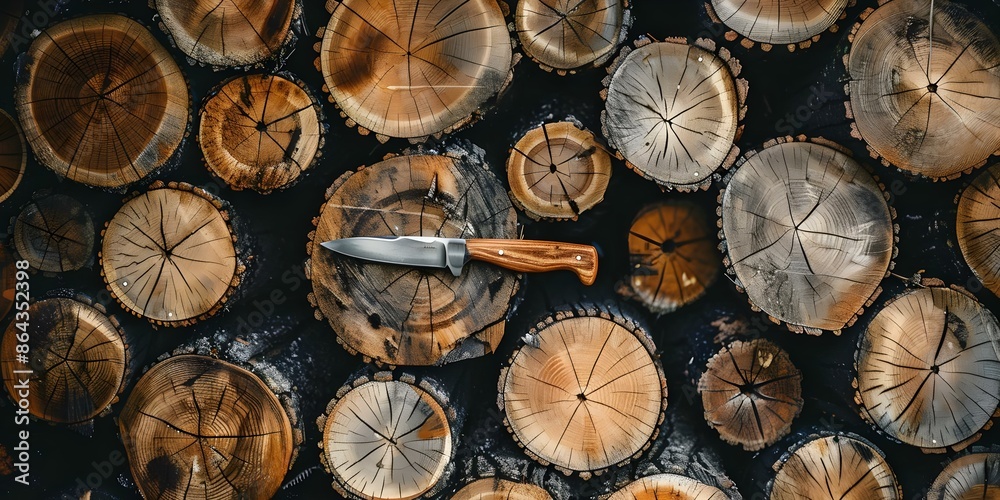 Ready for Use Stacked Wooden Logs with a Sharp Knife Nearby. Concept Wood Carving, Outdoor Activities, Tools and Equipment, Nature Photography, Artistic Composition Ready for Use Stacked Wooden Logs with a Sharp Knife Nearby. Concept Wood Carving, Outdoor Activities, Tools and Equipment, Nature Photography, Artistic Composition