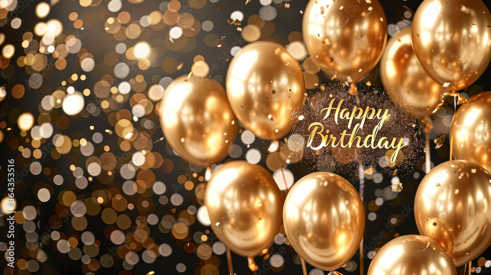 A glamorous birthday background with golden balloons, glitter, and a stylish A glamorous birthday background with golden balloons, glitter, and a stylish