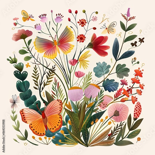 Fototapeta Naklejka Na Ścianę i Meble -  A multitude of butterflies flying over a flower meadow. Painting in painted watercolor style. Illustration for cover, card, postcard, interior design, decor or print.