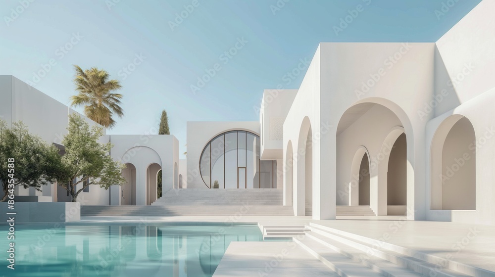 Obraz premium White modern architecture with pool in a bright daylight setting.