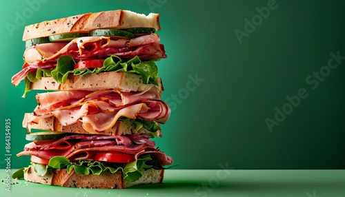 A deli sandwich stacked high with meats and veggies on a solid green background with copy space