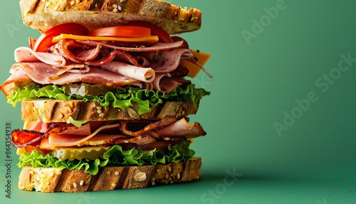A deli sandwich stacked high with meats and veggies on a solid green background with copy space