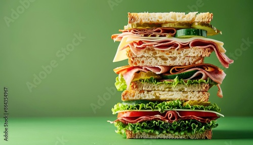 A deli sandwich stacked high with meats and veggies on a solid green background with copy space