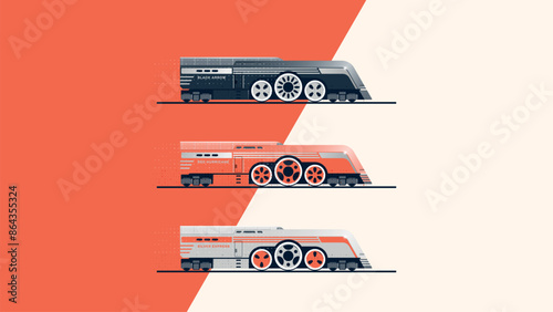Retrofuturism style locomotive in three color options