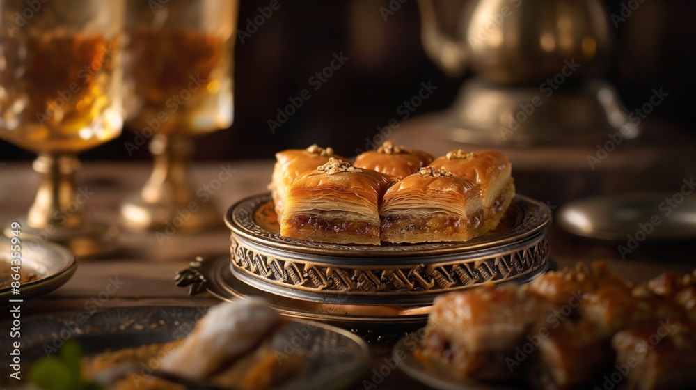 Freshly baked baklava on rustic wooden table, traditional dessert. Freshly baked baklava on rustic wooden table, traditional dessert.