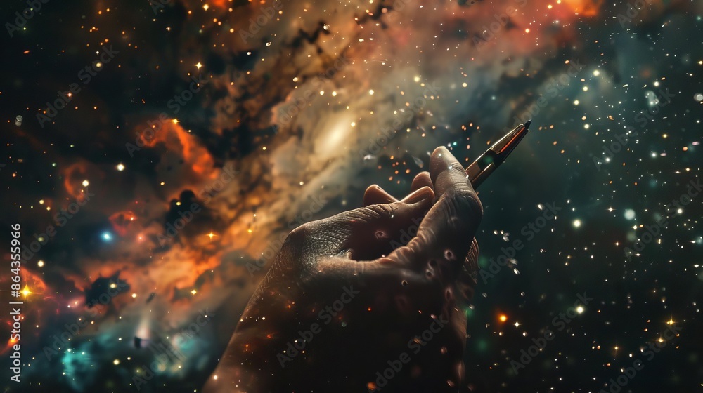 Fototapeta premium A hand grasping a pen amidst a swirling galaxy of stars, with a blurry background
