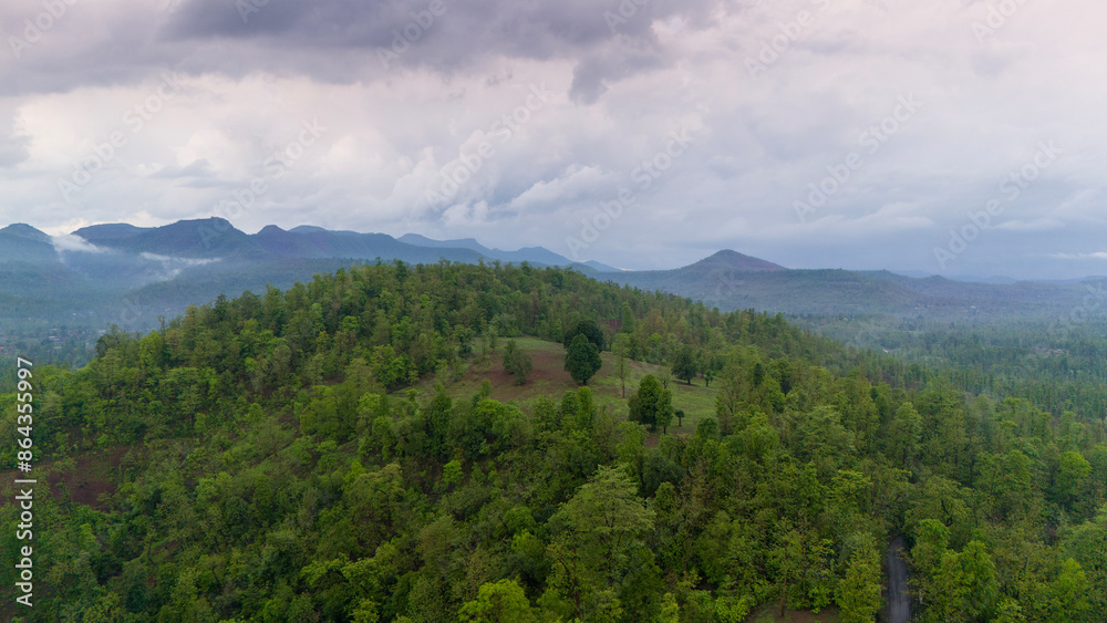 Beautiful Aerial view of foggy forest in monsoon season at Gujarat, India Beautiful Aerial view of foggy forest in monsoon season at Gujarat, India