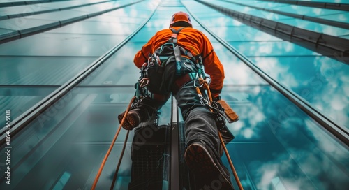 Window Washer Cleaning Modern Skyscraper Building Exterior