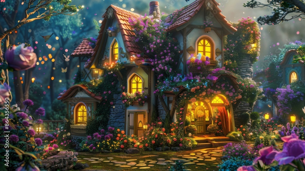 Illustration of A whimsical house with colorful windows, a flower-filled garden, and twinkling lights Illustration of A whimsical house with colorful windows, a flower-filled garden, and twinkling lights