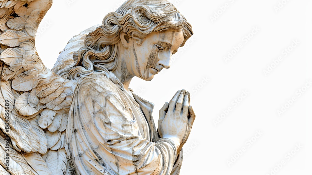 Beautiful stone statue of a praying angel with wings in a cemetery, park or garden. Illustration for cover, card, postcard, interior design, decor or print. Beautiful stone statue of a praying angel with wings in a cemetery, park or garden. Illustration for cover, card, postcard, interior design, decor or print.