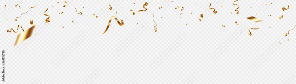 Confetti on a transparent background. Falling shiny golden confetti. Bright golden holiday tinsel. Holiday design elements for web banner, poster, flyer, invitation. Vector 10 EPS Confetti on a transparent background. Falling shiny golden confetti. Bright golden holiday tinsel. Holiday design elements for web banner, poster, flyer, invitation. Vector 10 EPS