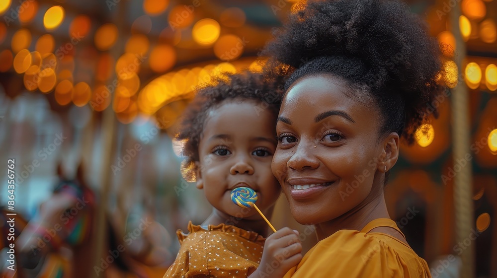 A smiling mother is holding her young child who is enjoying a colorful lollipop, set against the lively backdrop of a carousel illuminated with beautiful lights. A smiling mother is holding her young child who is enjoying a colorful lollipop, set against the lively backdrop of a carousel illuminated with beautiful lights.