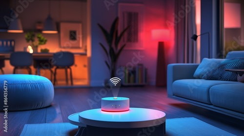 Cozy living room at night with activated smart home device photo