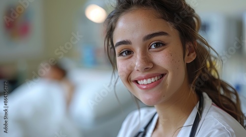Wallpaper Mural A young patient smiles happily while interacting with a doctor in a hospital room, representing a comforting and positive healthcare experience full of hope and care. Torontodigital.ca