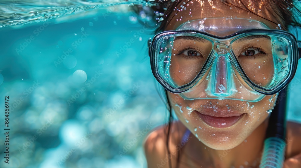 Naklejka premium A person with a ponytail swims underwater wearing snorkeling gear. The image captures the clear blue of the water and the person exploring this aquatic environment.