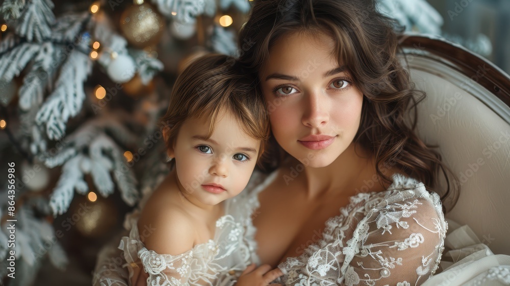 A mother and child enjoying a precious moment together by a Christmas tree adorned with festive lights, embodying the joy, warmth, and love of the holiday season. A mother and child enjoying a precious moment together by a Christmas tree adorned with festive lights, embodying the joy, warmth, and love of the holiday season.