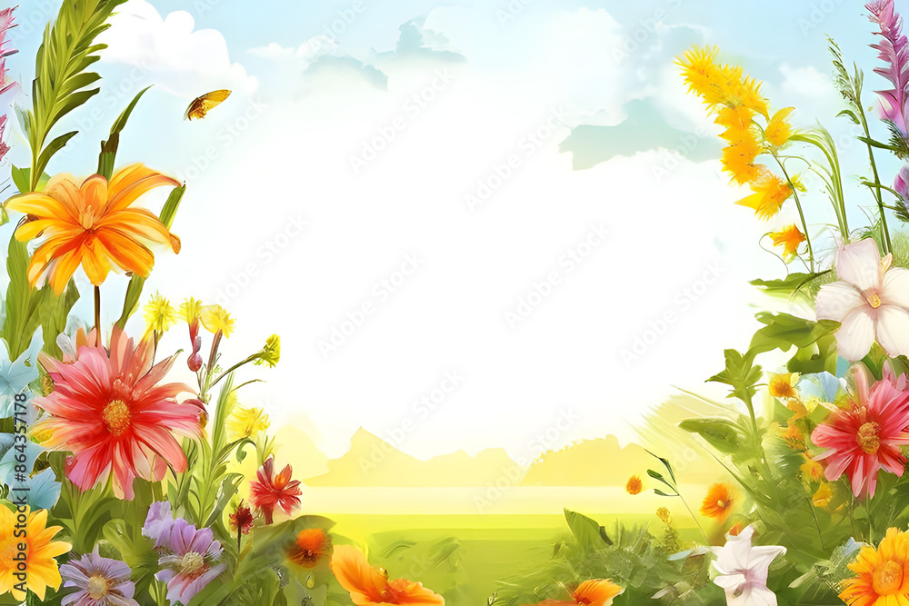 Obraz premium This vibrant summer frame bursts with colorful elements. Lush greenery, refreshing fruit slices, and maybe even a playful beach umbrella create a cheerful border perfect for your next summer project.