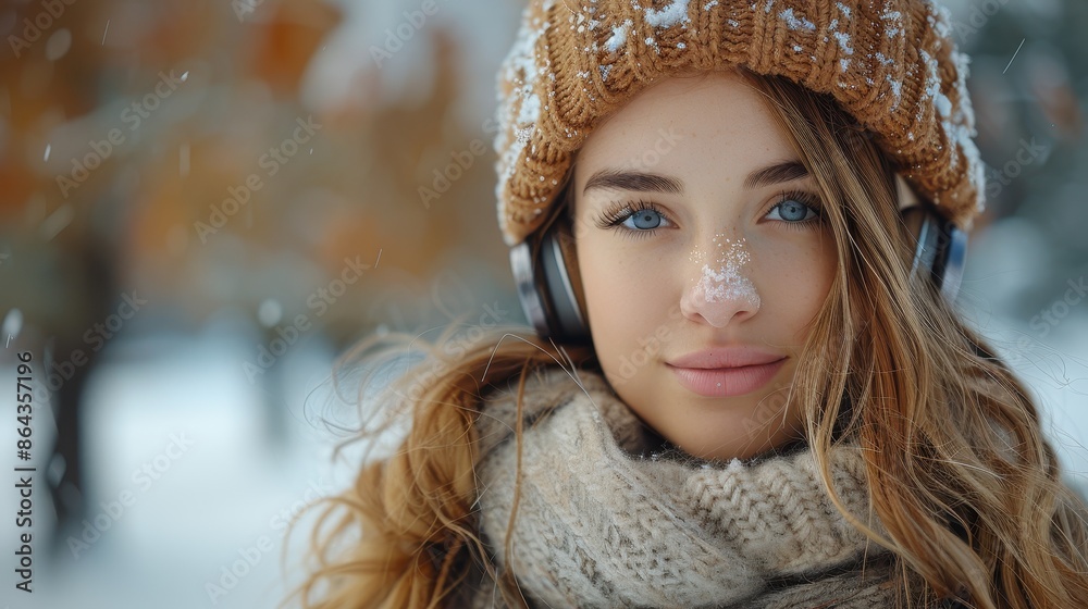 A woman dressed warmly in a knit hat and scarf, with snowflakes on her nose, smiles while outdoors in a snowy winter setting, representing the joy of wintertime. A woman dressed warmly in a knit hat and scarf, with snowflakes on her nose, smiles while outdoors in a snowy winter setting, representing the joy of wintertime.