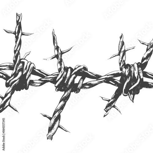Hand-Drawn Barbed Wire: Sharp Thorns, Twisted Metal, Monochrome Sketch.