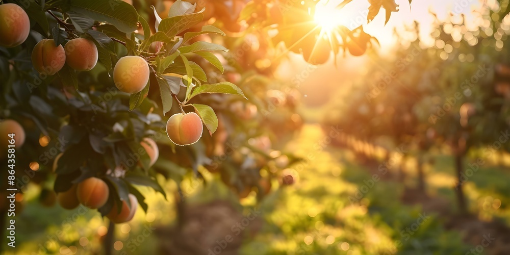 Golden Hour Glow at Local Peach Orchard. Concept Peach Orchard, Golden Hour Glow, Local Photoshoot, Nature Setting, Warm Light Golden Hour Glow at Local Peach Orchard. Concept Peach Orchard, Golden Hour Glow, Local Photoshoot, Nature Setting, Warm Light